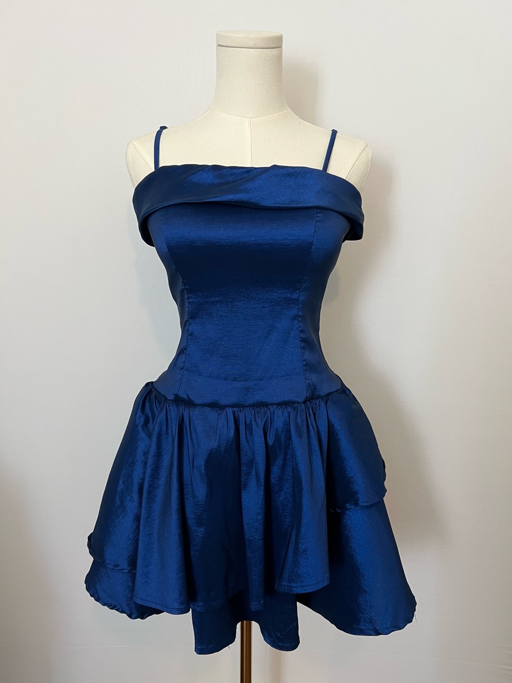 Off-Shoulder Royal Blue Mini Dress with Spaghetti Straps